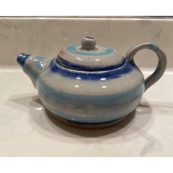 Small Teapot Blue Glazed Pottery 3.75" H  X 4.75" W X 7.5" L - Picture 1 of 8
